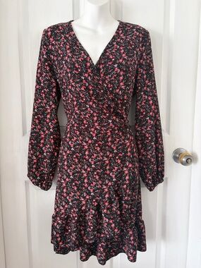 Women's Black Floral Wrap Dress with burgundy Print